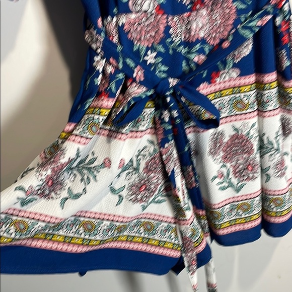 Three Hearts Blue and White Floral Romper with Wrap Design - Picture 5 of 7